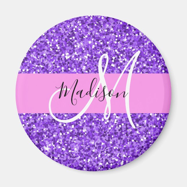 Imã Glam Roxo & Brilho Glitter Monograma Nome (Frente)