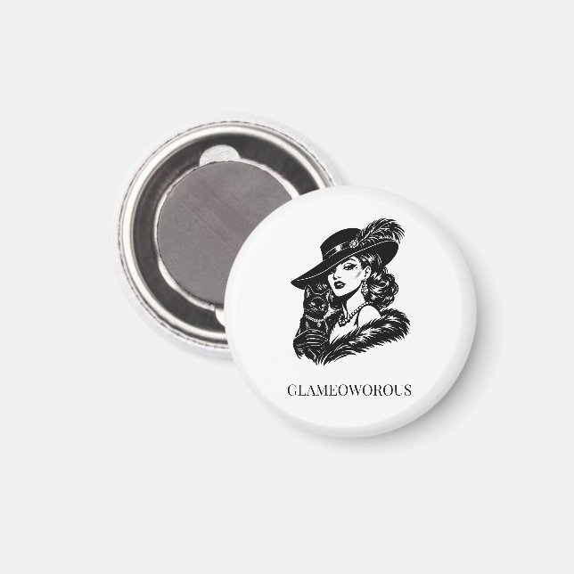 Imã Glam Woman with Cat Fashion Illustration (Front/Back)