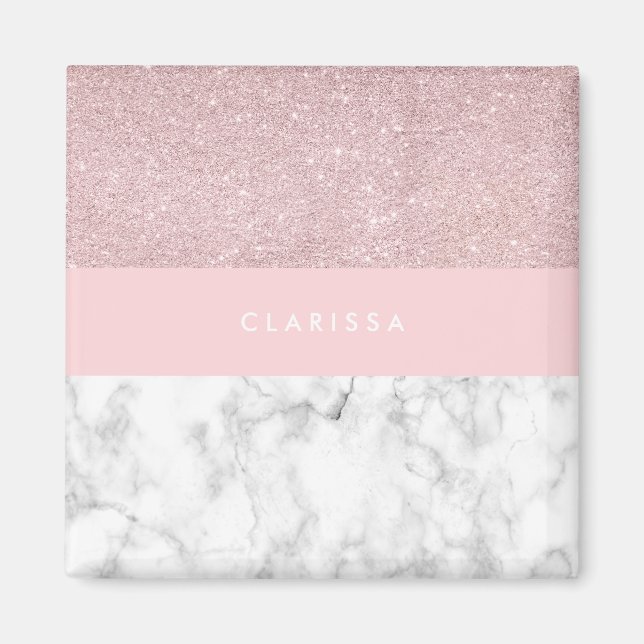 Imã Glitter ouro de rosa cinza elegante e mármore bran (Frente)
