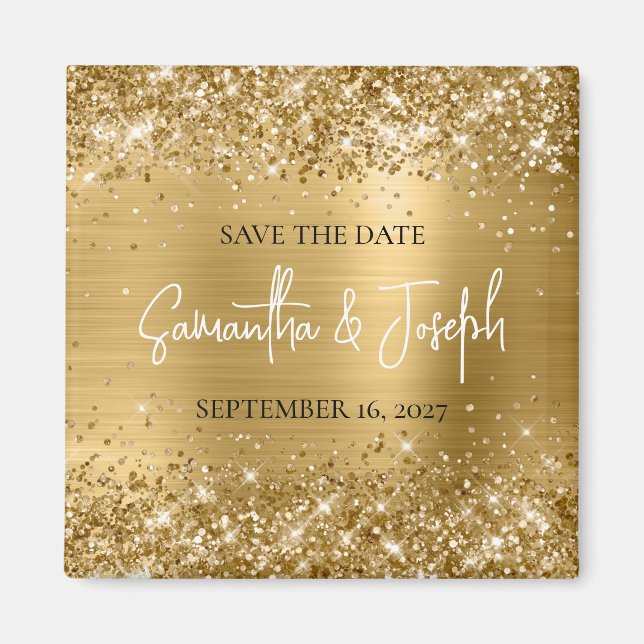 Imã Glittery Gold Foil Casamento Save the Date (Frente)