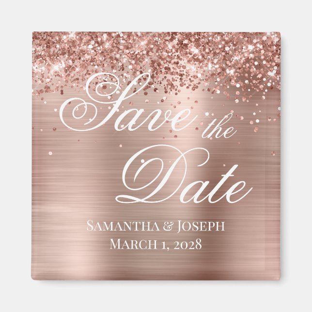 Imã Glittery Rose Gold Foil Salve a Data (Frente)