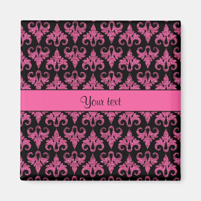 Imã Glitzy Sparkly Hot Pink Glitter Damask (Frente)