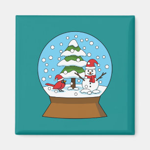 Imã Globo de Neve com Cardeal Snowman e Pine Tree