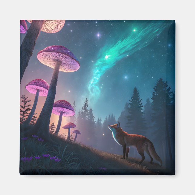 Imã Glowing Mushroom Forest Fox Fantasy Art (Frente)