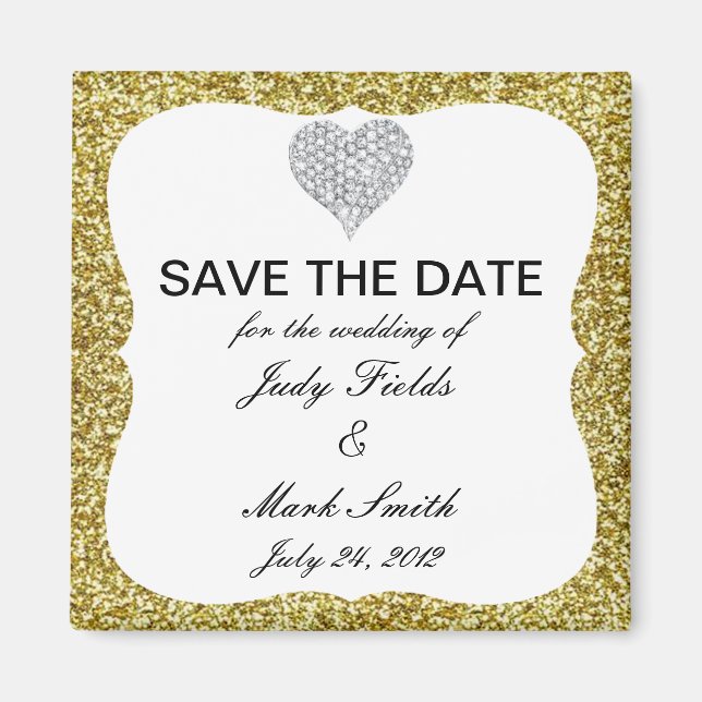 Imã Gold Glitter Diamond Heart Save The Date Magnet (Frente)