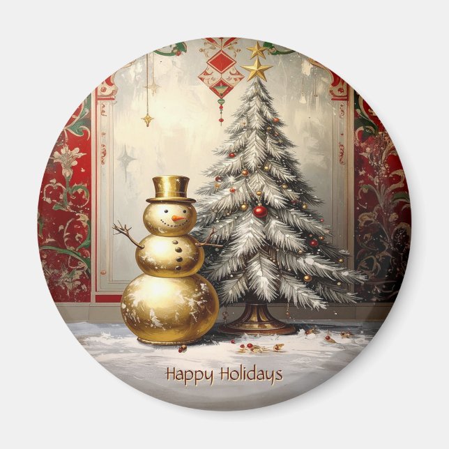 Imã Gold Snowman Christmas Tree Holiday Magnet (Frente)