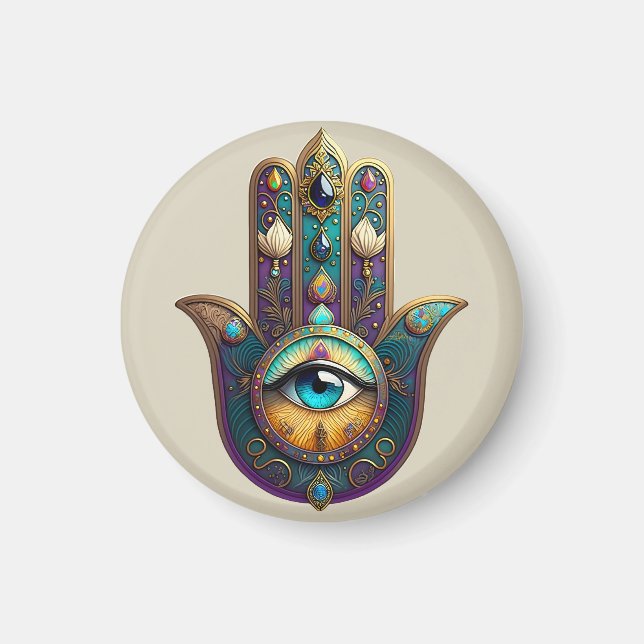 Imã Gold Violet Teal Hamsa w/ Turquoise Third Eye (Frente)