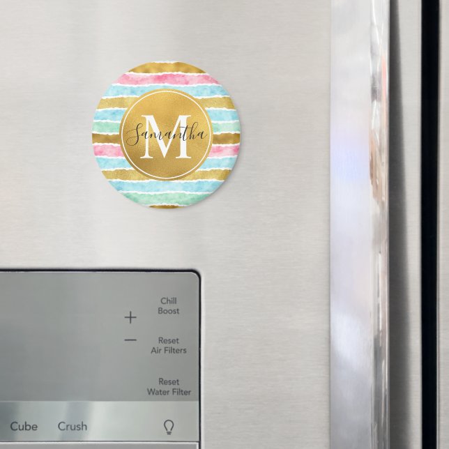 Imã Gold Watercolor Stripes Monogram (In Situ (Fridge))