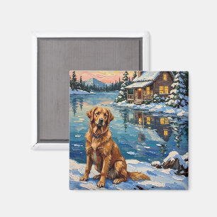 Imã Golden Retriever Antigo à Beira do Lago no Natal