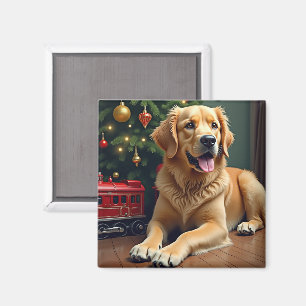 Imã Golden Retriever ao lado do Trem de Brinquedo de N