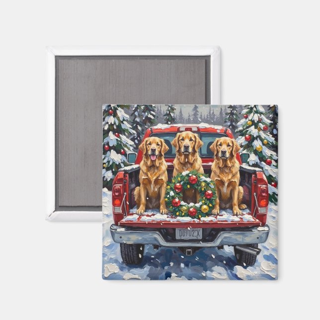 Imã Golden Retriever Christmas Red Truck Holiday (Front/Back)