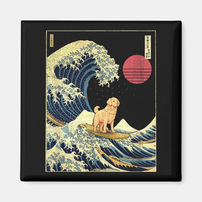 Imã Golden Retriever Japanese Kanagawa Wave Funny Surf (Frente)