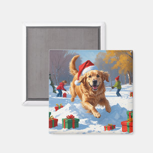 Imã Golden Retriever na Neve com Chapéu de Natal