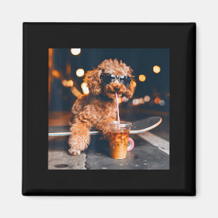 Imã Goldendoodle bebendo café gelado meme de animal en