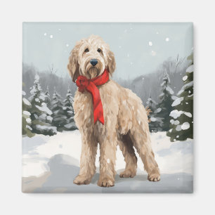 Imã Goldendoodle Cachorro na Neve Natal