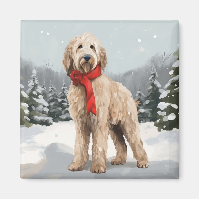 Imã Goldendoodle Cachorro na Neve Natal  (Frente)