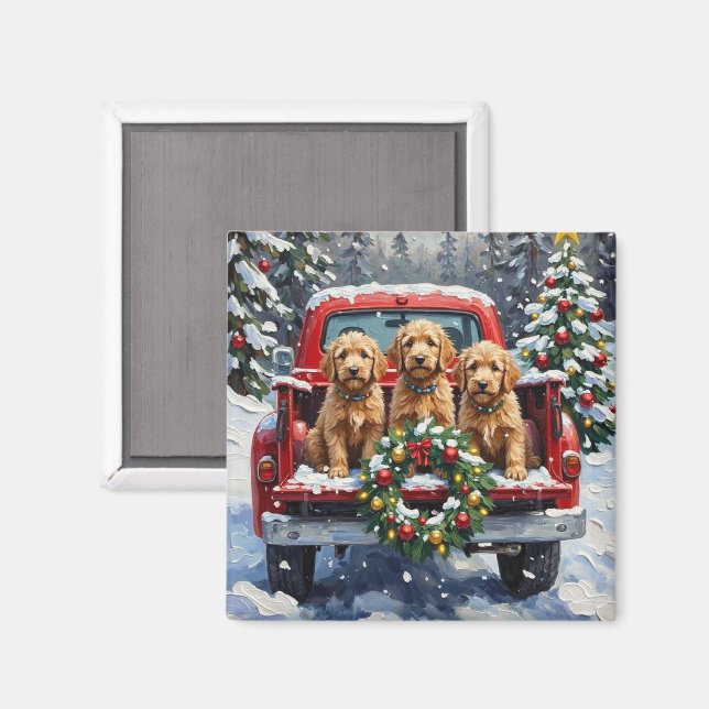 Imã Goldendoodle Natal Caminhão Vermelho Feriado (Front/Back)