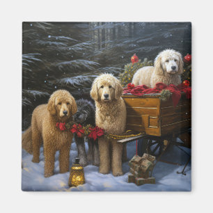 Imã Goldendoodle Snowy Sleigh Decência de Natal