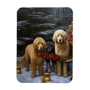 Ímã Goldendoodle Snowy Sleigh Decência de Natal
