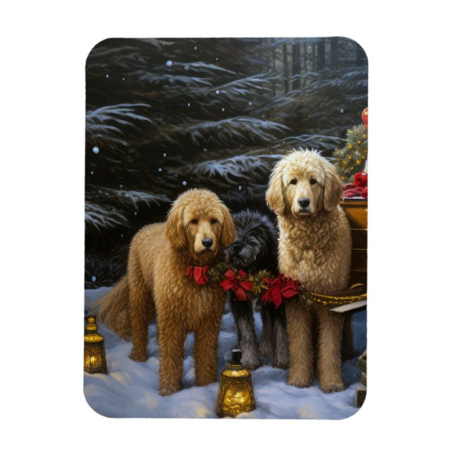 Ímã Goldendoodle Snowy Sleigh Decência de Natal (Vertical)