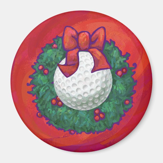 Imã Golf Ball Christmas Wreath on Red (Frente)