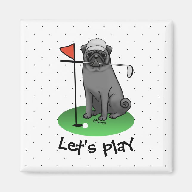 Imã Golf Pug Jogando Golfe (preto) Cachorro Bonito Eng (Frente)