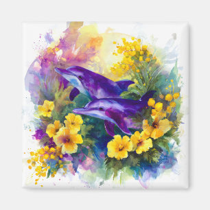 Imã Golfinhos Oceano Aquarela Flores Tropicais