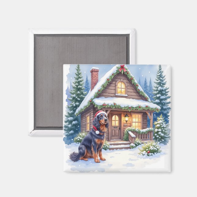 Imã Gordon Setter Snowy Lodge Santa Hat Christmas Art (Front/Back)
