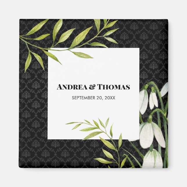 Imã Gotas de neve brancas e Laurel Damask (Frente)