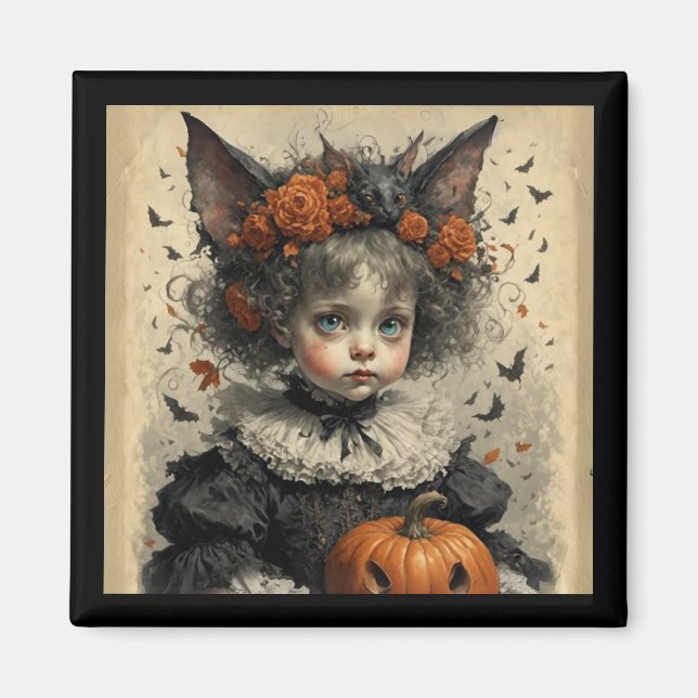 Imã Gothic Victorian Girl Bat Ears & Pumpkin Halloween (Frente)