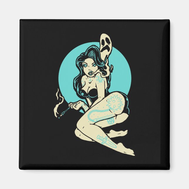 Imã Gótico Tatuado Menina Horror Ghost Moon Rockab (Frente)