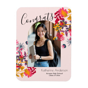 Ímã Graduação de Foto Floral Cor-de-Rosa Arco Moderno
