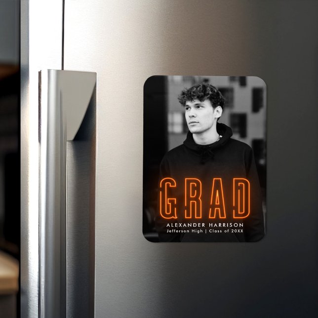 Ímã Graduação de Foto Vertical Neon Laranja Moderna (Criador carregado)