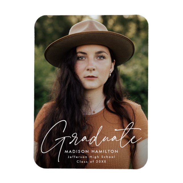 Ímã Graduação de Fotos de Script Branco do Formando Mo (Vertical)