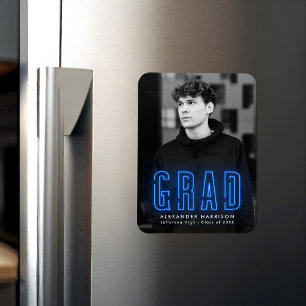 Ímã Graduação de Fotos Verticais Neon Azul Moderno