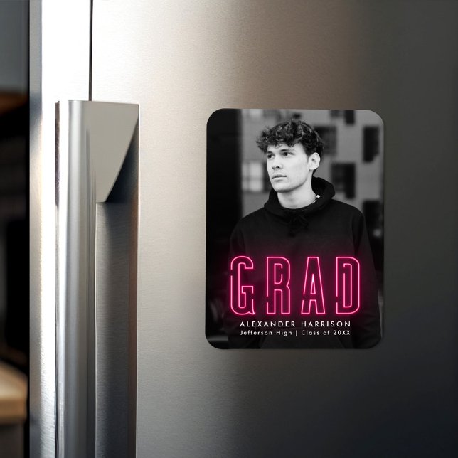 Ímã Graduação de Fotos Verticais Neon-Rosa Moderno (Criador carregado)