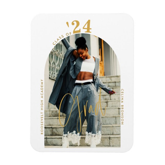 Ímã Graduação Mínima da Foto do Script Dourado Moderno (Vertical)