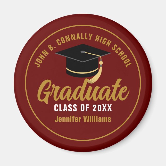 Imã Graduação Personalizada do Formando Dourado Maroon (Frente)