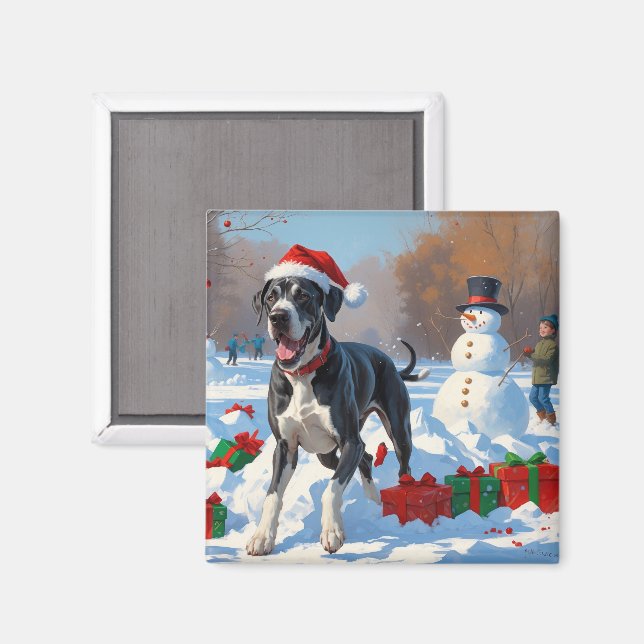 Imã Grande Danois Correndo na Neve com Chapéu de Natal (Front/Back)