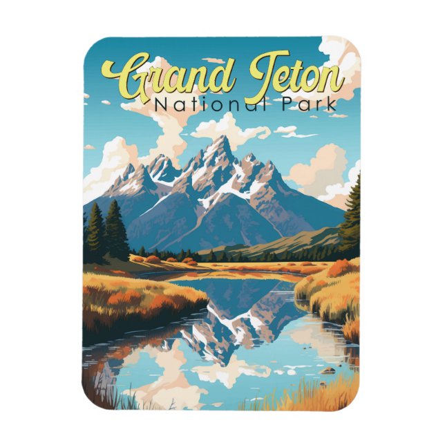 Ímã Grande Teton National Park Illustration Retro (Vertical)