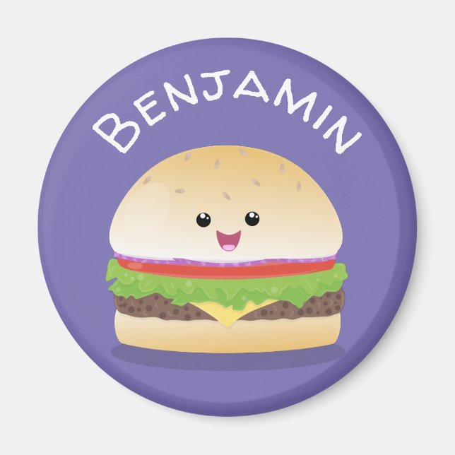 Imã Grátis kawaii feliz desenho animado de hambúrguer (Frente)