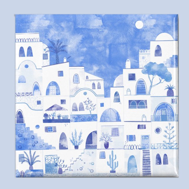 Imã Grécia Santorini, Cor da Água, Azul e Branco (Santorini Oia Greece blue and white watercolor art magnet)