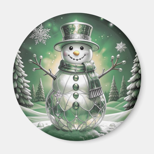 Imã Green Snowman Snowflakes Holiday Magnet (Frente)