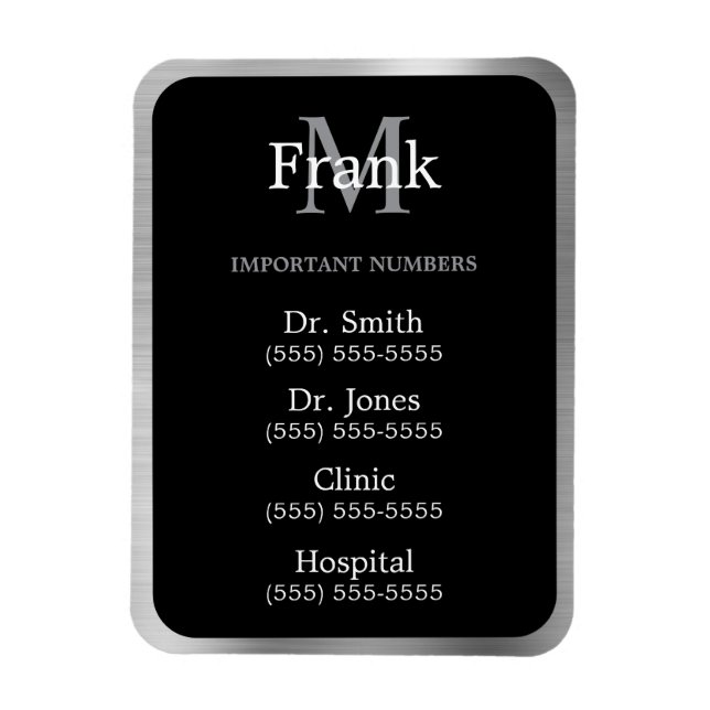 Ímã Grey Black and White Important Phone Numbers (Vertical)