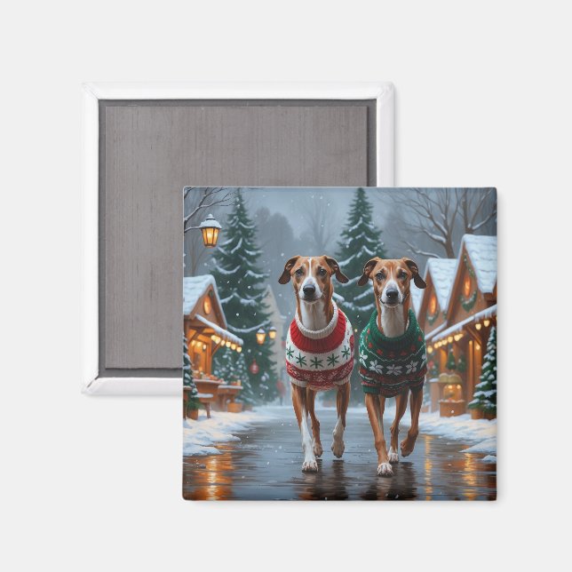 Imã Greyhound Dogs Christmas Snow Holiday (Front/Back)