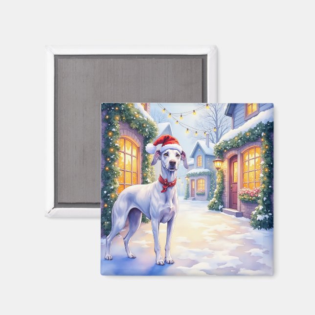 Imã Greyhound Snowy Village Santa Hat Christmas Art (Front/Back)