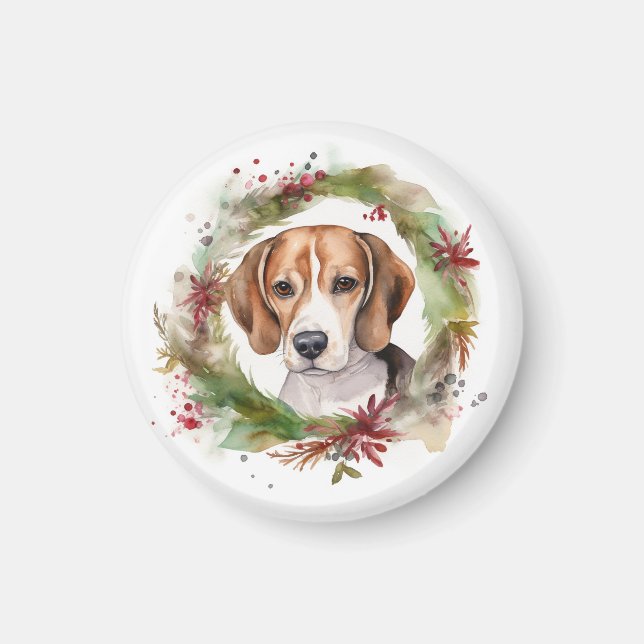 Imã Grinalda de Natal de Beagle Cachorro Festivo (Frente)