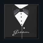 Imã Groom Tuxedo<br><div class="desc">Um design único com um smoking preto com uma gravata preta e uma camisa branca. Personalizar conforme desejado. Perfeito para o noivo ou padrinhos de casamento.</div>