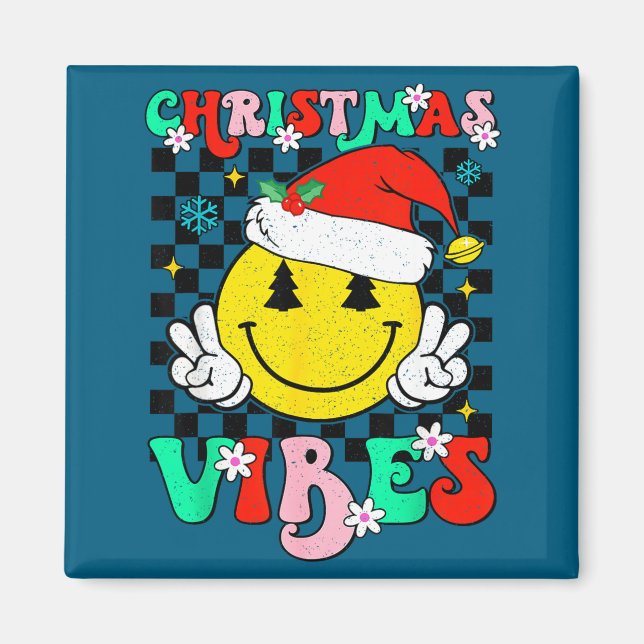 Imã Groovy Christmas Vibes Smile Face Santa Hat Xmas T (Frente)