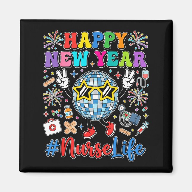 Imã Groovy Happy New Year 2026 Nurse Life Disco Ball F (Frente)